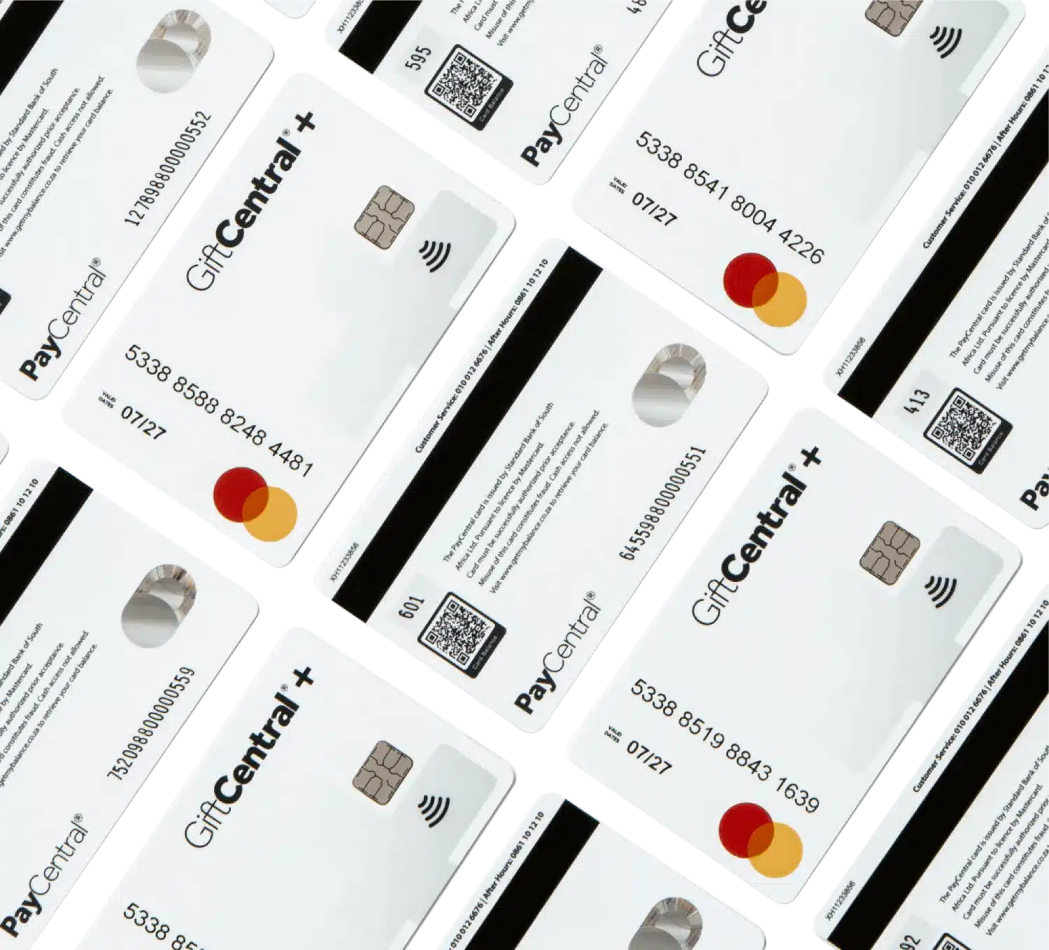 Giftcentral-plus-contact-banner Multiple GiftCentral Plus prepaid Mastercard cards arranged in a pattern
